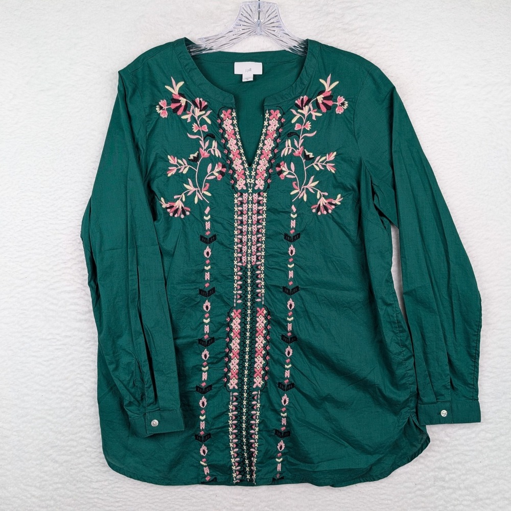 J Jill Floral Embroidered Tunic Top Size XS Kelly Green Cotton Split Neck